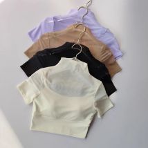 Einteilige Tasse mit Brustpolster, Netzstoff, kurzärmelig, Yoga-Anzug, Training, enges Oberteil, Pilates, Fitness, Laufen, Sport, T-Shirt, Stoff