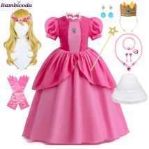 Halloween Prinzessin Pfirsich Süßes Mädchenkostüm Super Luigi Mari Bruder Rosa Prinzessin Cosplay Fancy Purim Kleid 4-10 Jahre