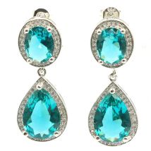 34x14mm Blickfang reich blau Aquamarin weiß cz Frau Party Silber Ohrringe