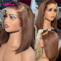# 4 Brązowe Proste Krótkie Peruki Bob z Przezroczystą Koronką 13x4 z Przedziałkiem z Włosów Naturalnych, Gęstość 200, Wstępnie Wyskubane z Baby Hair, Długość 10-16 cali