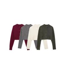 HH Damen-Strickjacke, einfarbig, kurz geschnitten, mit Knöpfen, O-Ausschnitt, lange Ärmel, Damen-Oberbekleidung, schicke Oberteile, neue Mode