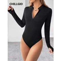 CHILLGIO Frauen Langarm Trend Body Sexy Zipper Stretch Engen Overall Sport Top Ein Stück Kombination Strampler Streetwear