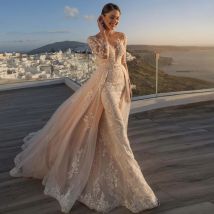 Wunderschönes abnehmbares 2-in-1-Hochzeitskleid mit bestickter Spitze auf Netz und Schleppe, Oneck-Vintage-Brautkleid mit langen Ärmeln, Vestido De Novia