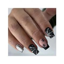 Black White Snowflake Silver Glitter Powder Christmas Short Square Fake Nails Art False Nail Charms Press on Nails Manicure Tool