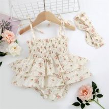 VISgogo Baby Girl Summer Jumpsuit Set Floral Elasticated Bust Sleeveless Ruffled Romper with Bow Headband Outfit