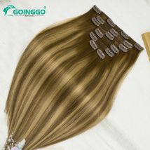 Clip-in-Haarverlängerung, Echthaar, europäisch, 7 Stück, 120 g, Schokoladenbraun bis Karamellblond, Clip-in-Haarverlängerung, braune Haarwurzeln