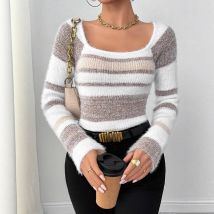 Pullover Pullover Frauen Gestrickte Top Streifen Druck Quadrat Kragen Strickwaren Herbst Winter 2025, Streetwear Vintage Stricken Jumper