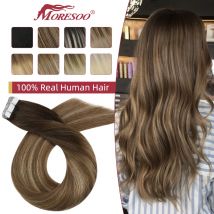 Moresoo Tape in Hair Extensions 100% Real Remy Hair Brazilian Natural Invisible Adhesives Tape ins Human Hair Extensions