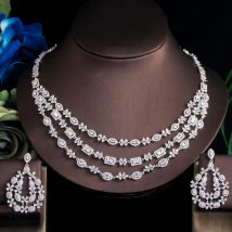 ThreeGraces Brilliant Weiß Zirkonia 3 Schichten Big Nacklace Ohrringe Braut Hochzeit Engagemen Schmuck Set für Frauen TZ542