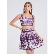 Fashion Summer Holiday Sexy Crop Tops And Mini Short Skirts 2pcs Outfits Women's Purple Flower Print Two Piece Sets
