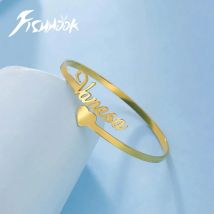 Heart Name Custom Bangle Personalized Bracelet Cuff Gift for Women Men Kid Father Dad Mother Stainless Steel Gold Color Jewelry