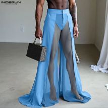 INCERUN Men Pants Mesh Patchwork Joggers Button Loose See Through Wide Leg Pants Men Sexy Streetwear Fashion Trousers Men S-5XL