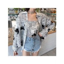 Shirts Women Long Sleeve Newspaper-print Chic Harajuku Streetwear Stylish Womens Students Vintage Sun-proof Casual Retro Trendy