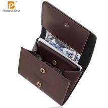 Portable Men's Small Wallet Made of Fine Grain Leather Vintage Genuine Leather Mini Wallet with Coin Compartment and Press Stud