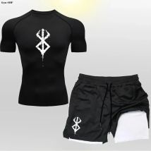 Anime Herren Radfahren Sportbekleidung, schnell trocknend, eng anliegend, Sport 2-in-1-Doppeldeck-Shorts, Herren-T-Shirt-Anzug, Herren, Fitnessstudio, Laufen, auszieht