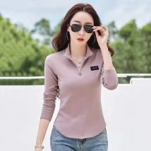 Neue Frauen Frühling Herbst Langarm-T-Shirt Mode Reißverschluss halb hoher Kragen schlanke kurze T-Shirts Einfachheit Basic-Pullover-T-Shirt