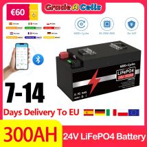Akumulator LiFePO4 24V 300Ah 200Ah 100Ah Bluetooth 200A BMS 25.6V 7KW 6000+ Cykli Ogniwa Klasy A Do Kampera Łodzi Solarny UE Szybka Dostawa