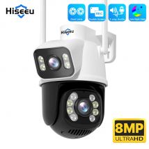 Hiseeu 8MP Wifi Telecamera di sorveglianza Doppio schermo e doppia lente Visione notturna a colori Ai Monitoraggio automatico Telecamera di sicurezza wireless esterna
