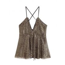 Zevity 2025 Frauen Chic Tiefem V-ausschnitt Pailletten Design Sling Camis Tank Dame Backless Kreuz Sexy Hemd Bluse Tops LS 7381