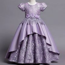 HETISO Girls Kids Flower Elegant Embroidery Princess Party Dresses Satin Children Christmas Birthday Wedding Prom Gown 4-12Y