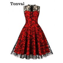 Tonval wiązanie na szyi bez rękawów dziurka od klucza z przodu siateczkowa nakładka kobiety w stylu Vintage sukienki Midi Christmas Party elegancka luksusowa sukienka urodzinowa