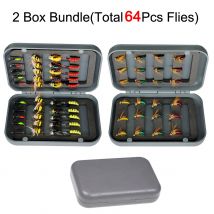 2 Box Bundle (insgesamt 64 Stück Fliegen) Fliegenfischen Köder Trockenfliegen, künstliche Nymphen Köder Köder Angeln für Bass Forelle Lachs Tackle