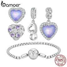 Bamoer 925 Sterling Silber Unendliche Liebe Perle Lila Herz Zirkon Charms für Frauen Armband und Halskette DIY Edlen Schmuck