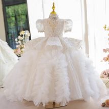 Blumenmädchen-Hochzeitskleid, wunderschöner Geburtstag, Tanz, weißes High-End-Kleid, Show-Druck, langer Rock, Performance-Service, Gastgeber-Kleidung