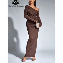 NewAsia Women's Long Sleeve Asymmetric Neck Long Dress One Shoulder Ruched Bodycon Fashion Club Party Maxi Dresses Brown Autumn