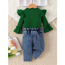 0-3 Jahre alt Frühling und Herbst neues Baby lang ärmel iges ausgestelltes Jeans-Hosen-Set mit