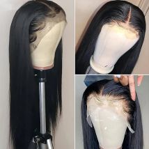 Gerade synthetische Lace-Front-Perücke für Frauen, schwarzes Haar, hitzebeständige synthetische Perücke, vorgezupftes Babyhaar, leimlose Perücke