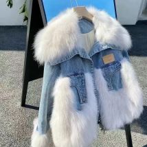 Winter Denim Nähte Faux Nerz Pelz Jacke Plus Samt Verdickung Warme Fuchs Pelz Jean Mantel Baumwolle Gepolsterte Liner Ins Strickjacke Tops