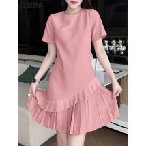 Elegant Women Pleated Dress ZANZEA Summer Fashion Short Sleeve Ruffles Hem Sundress Casual Solid A Line Party Work Vestidos