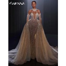 Luxuriöses Brautkleid mit abnehmbaren Schleppeärmeln, glänzenden Perlen und Perlen, maßgeschneidertes sexy Illusions-Meerjungfrauenkleid für die Braut