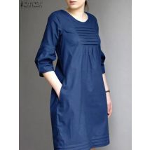 ZANZEA Frauen Denim Hemd Kleid 2024 Mode Plissee Mini Sommerkleid Beiläufige Lose Einfarbig Vestido Vintage 3/4 Hülse Kurze Robe