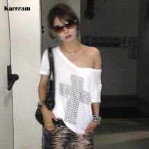 Karrram giapponese Y2k metallo croce stampa T-shirt Trashy 2000s scollo a V Sheer Tops Vintage Harajuku manica corta Streetwear Grunge