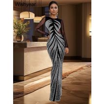 Wishyear Sexy Evening Party Dresses Women Black Mesh See Through Long Sleeve Diamonds O-neck Mermaid Vestidos Birthday Clubwear