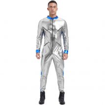 Herren Silber Astronaut Pilot Cosplay Kostüme Langarm Ganzanzug Overall Metallisch Glänzend Space Strampler Catsuit Halloween Party