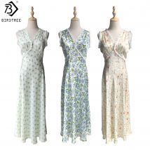 BirdTree 19MM 100% Mulberry Silk Floral Print Dress,Woman Sand Washing Double Crepe V-neck Sleveless Dress,2025 New D56940JF