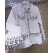 Luxus Stil Perlen Perlen Quasten Kunst pelz gestrickt verdickte Strickjacke Fliege Perlen Pailletten Pullover Mantel Outwear Jacke Tops