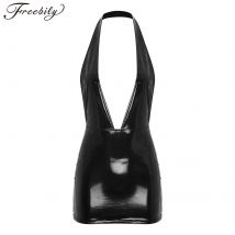 Glänzendes, figurbetontes Damenkleid im Wet-Look aus Lackleder mit Reißverschluss, V-Ausschnitt, rückenfrei, schmales Minikleid für Rave-Party-Clubbing