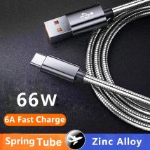 66W 6A Type C Charge Data Cable Spring Metal Braided For Xiaomi 12Pro  K60 Samsung S6 S7 Huawei P40 P60 Android Phone USB C Cord