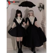 Elegantes Temperament Goth Nonne Lolita Kleid Stehkragen bestickte Puffärmel hohe Taille Slim Fit A-Linie schwarze Kleider Frauen