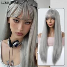 LOUIS FERRE Pelucas sintéticas largas y rectas para mujer, pelucas naturales con flequillo, Cosplay, Halloween, resistente al calor, color gris plateado