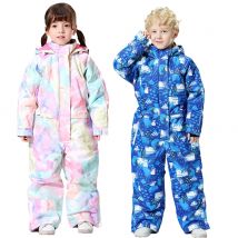 Cartoon-Kinderoveralls, einteilige Winter-Snowboardbekleidung, wasserdichte, winddichte Outdoor-Sport-Fleece-Skibekleidung für Mädchen und Jungen mit Kapuze