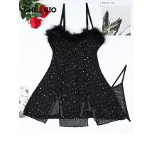 Chillgio sexy Outfits Frau Feder durch Mini kleid schick Schlitz ärmelloses Kleid intime Sexi Nachtwäsche Kleid zweiteilige Sets