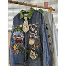 Sommer und Herbst Neue Amerikanische Retro männer Lose Cartoon Gestickte Denim Kurzarm Hemd Paar Casual Langarm Hemd
