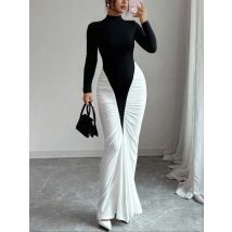 Sisterlinda Ruched Patchwork Dress Women Full Sleeve Color Block Peach Hip Elegant Sexy Simple Evening Stretch Skinny Bodycon