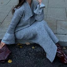 Mode Revers Flare Hülse Gestrickte 2pc Sets Freizeit Einfarbig Schlanke frauen Outfits Herbst Neue Einreiher Tops & röcke Sets