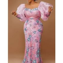 Elegantes Plus-Size-Kleid für Damen, luxuriöses Jacquard-Schatzkleid mit Puffy-Tüll, langen Ärmeln, Stickerei, Trompete, formelles Party-Abendkleid